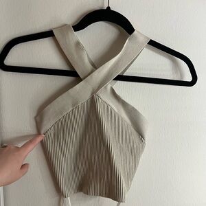 Aritzia Babaton Cream Criss-Cross Crop Top Ribbed